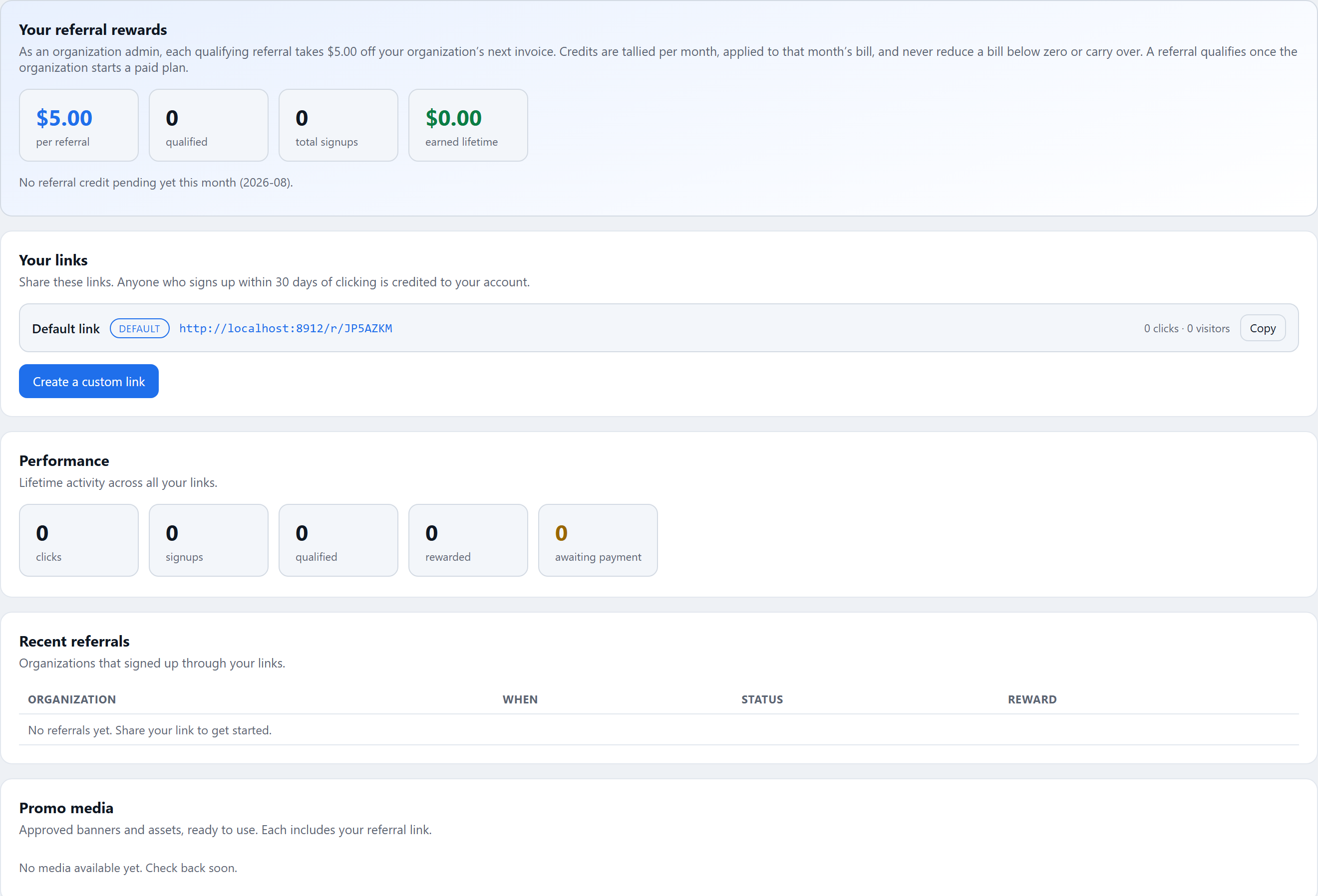 The affiliate panel with a referral link and reward tracking