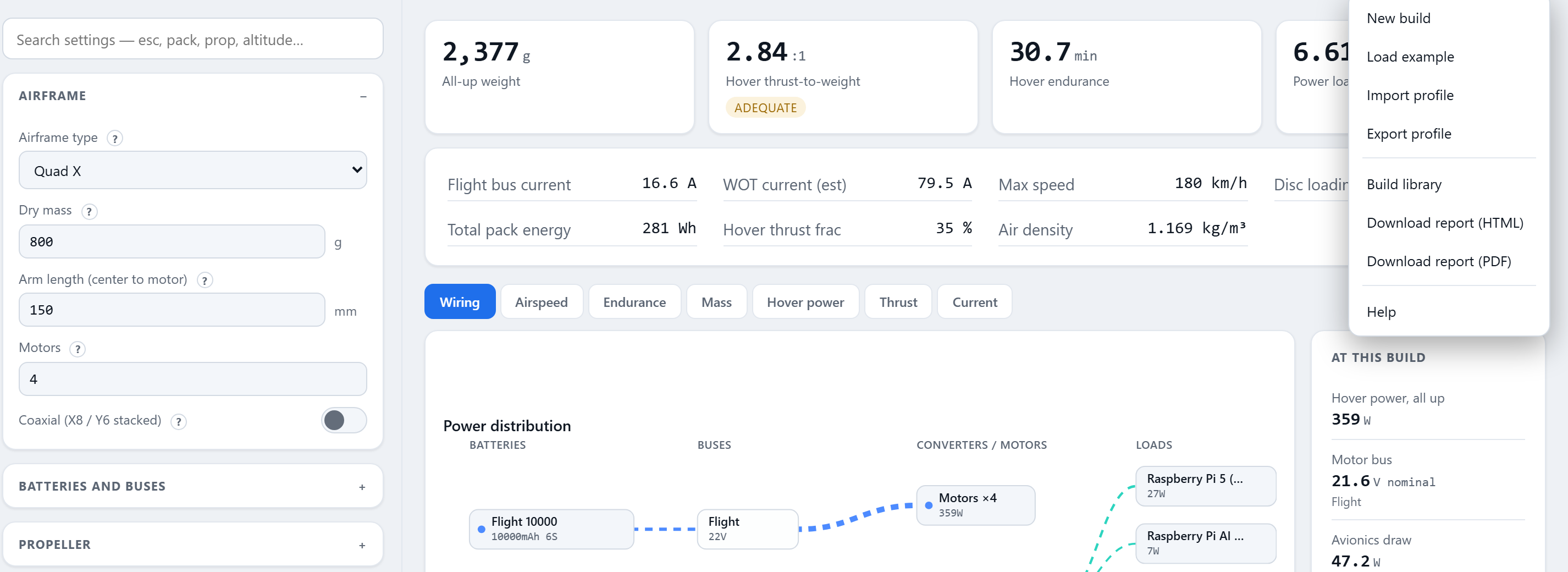 The Build menu open in the Builder: New build, Load example, import and export, the library and reports