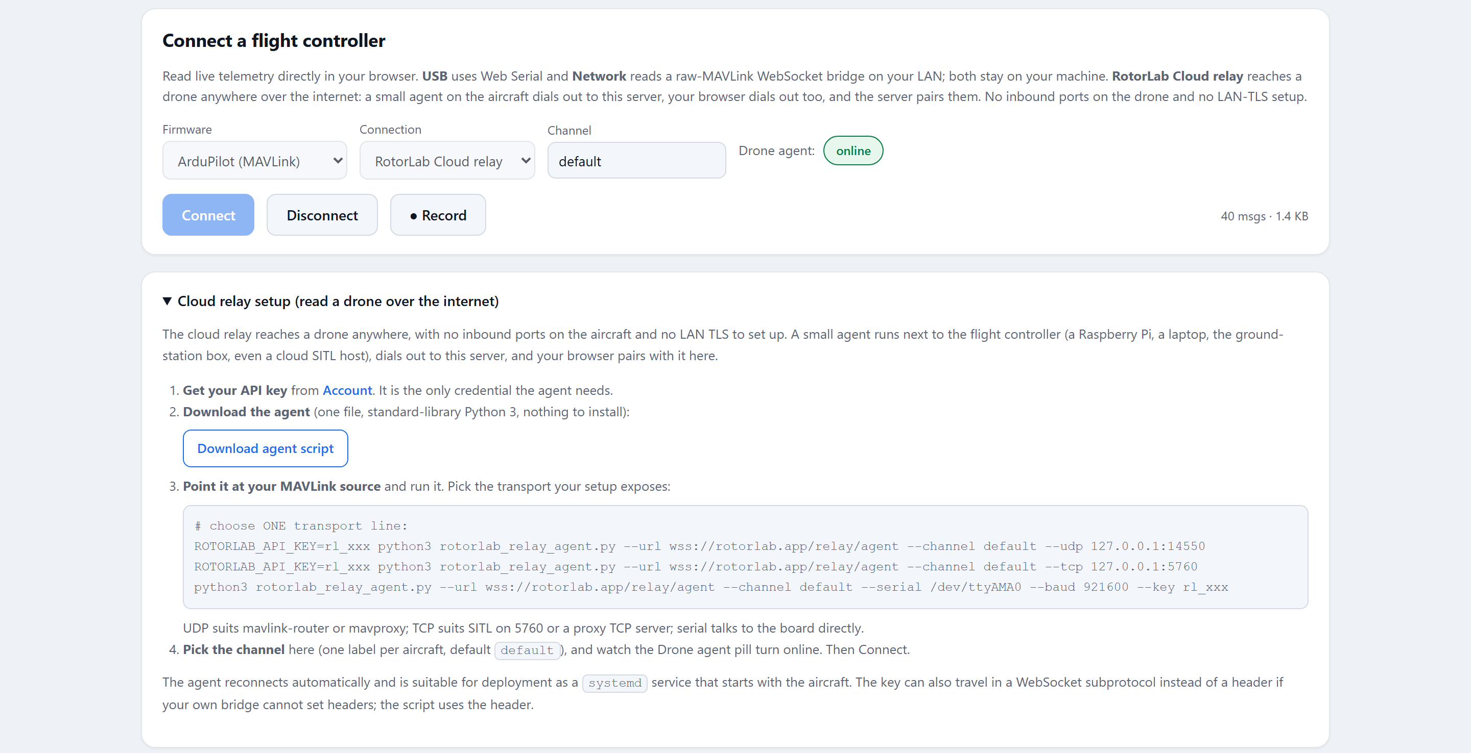 The connection row set to RotorLab Cloud relay with the Drone agent pill online, above the Cloud relay setup panel with the agent download and ready-to-run command lines